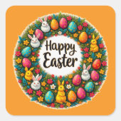 Happy Easter Wreath – Bunny & Eggs Autocolante スクエアシール (正面)