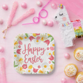 Happy Easter | Yellow and Red Floral  ペーパープレート (パーティー)