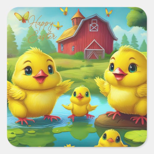 Happy Easter Yellow Chicks in a Pond by a Red Barn スクエアシール (正面)