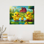 Happy Easter Yellow Chicks in a Pond by a Red Barn ポスター (キッチン)