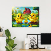 Happy Easter Yellow Chicks in a Pond by a Red Barn ポスター (ホームオフィス)