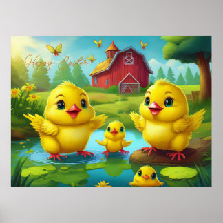 Happy Easter Yellow Chicks in a Pond by a Red Barn ポスター