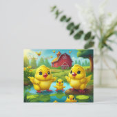 Happy Easter Yellow Chicks in a Pond by a Red Barn ポストカード (スタンド正面)