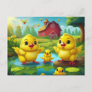 Happy Easter Yellow Chicks in a Pond by a Red Barn ポストカード
