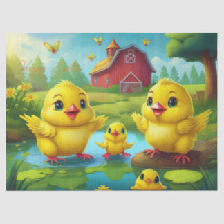 Happy Easter Yellow Chicks in a Pond by a Red Barn 薄葉紙
