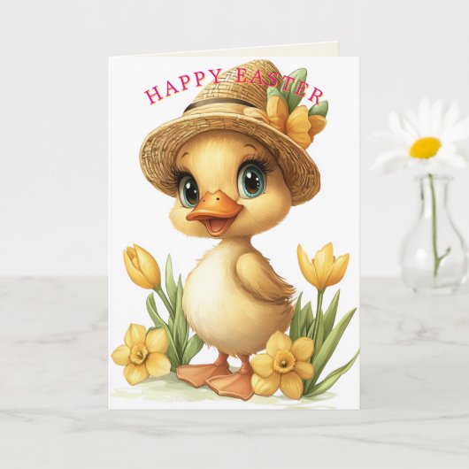 Happy Easter Yellow Duckling Daffodils カード (小さな植物)