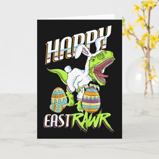 Happy Eastrawr Cute Trex Dinosaur Easter Bunny Egg カード (黄色い花)