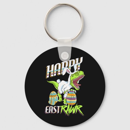 Happy Eastrawr Cute Trex Dinosaur Easter Bunny Egg キーホルダー (正面)