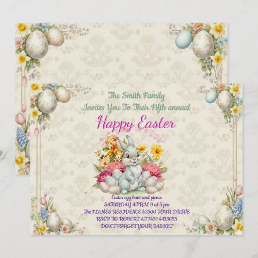 Happy Eeaster Cute Bunny 招待状 (正面/裏面)