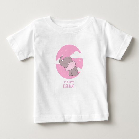 "Happy Elephant" Cute Pink Sky Kids Illustration ベビーTシャツ (正面)