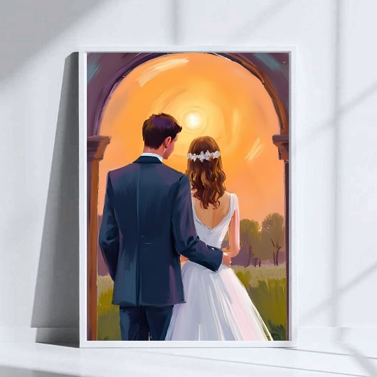 Happy Ever After Bride & Groom Watercolor Wedding ポスター