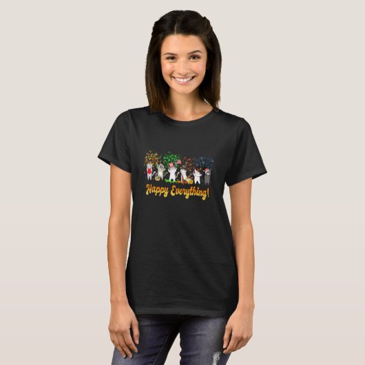 Happy Everything Cat Seasons All Year Tree Cat Tシャツ (正面フル)