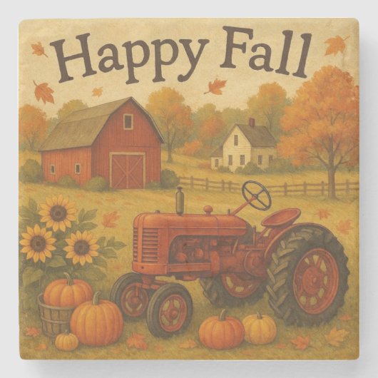 Happy fall classic tractor and farm ストーンコースター (正面)