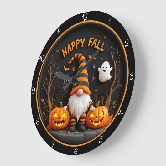 Happy Fall Gnome Ghost Autumn Scene ラージ壁時計 (傾斜)