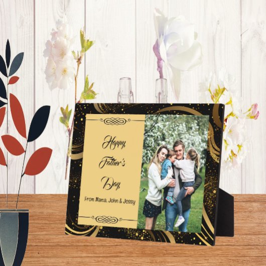 Happy Father's Day家族写真金ゴールドの葉の渦巻き フォトプラーク