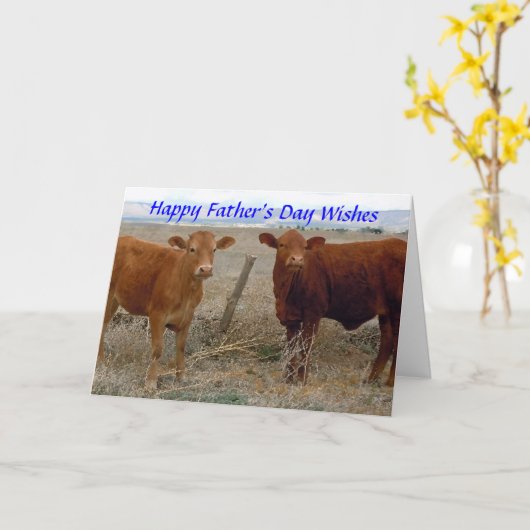 Happy Father's Day – 赤い牛の動物のユーモア – Ranch カード (黄色い花)