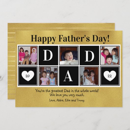 Happy Father's Day 5 Photo Gold Flat Greeting Card カード (正面/裏面)