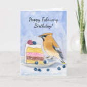  Happy February Birthday Cedar Waxwing Cake カード (正面)