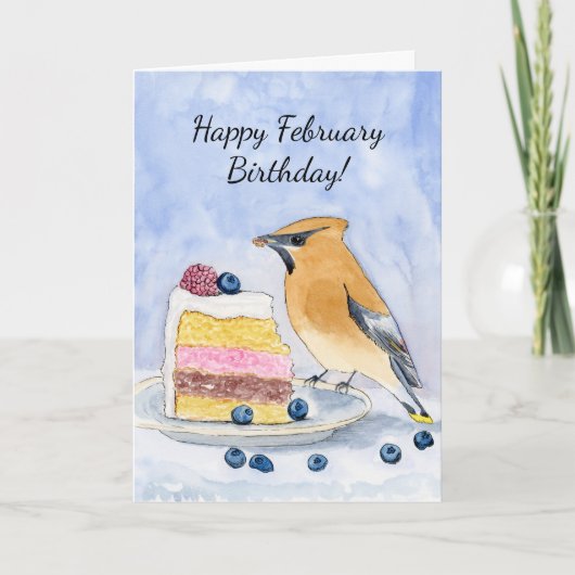  Happy February Birthday Cedar Waxwing Cake カード (正面)