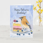  Happy February Birthday Cedar Waxwing Cake カード (黄色い花)