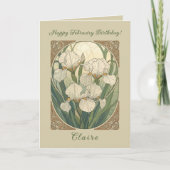 Happy February Birthday Iris Flowers Art Nouveau カード (正面)