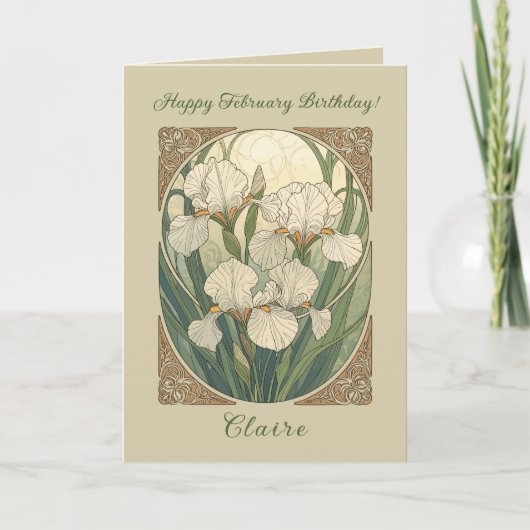 Happy February Birthday Iris Flowers Art Nouveau カード (正面)