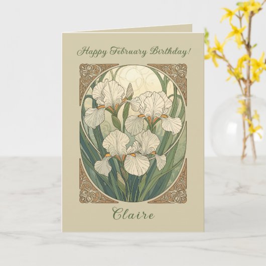 Happy February Birthday Iris Flowers Art Nouveau カード (黄色い花)