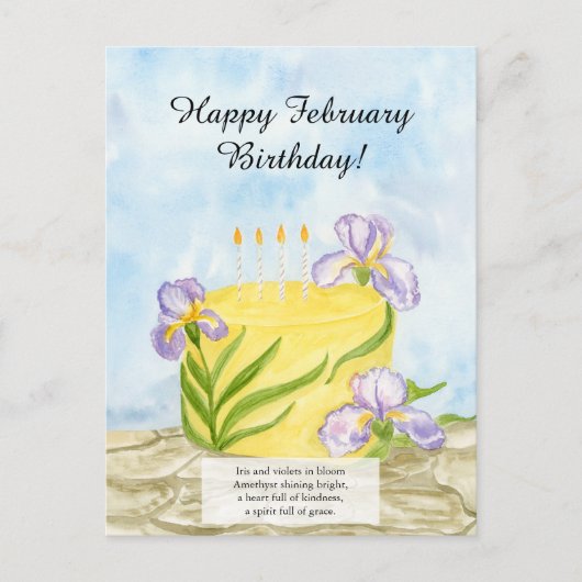  Happy February Irises Birthday Cake ポストカード (正面)
