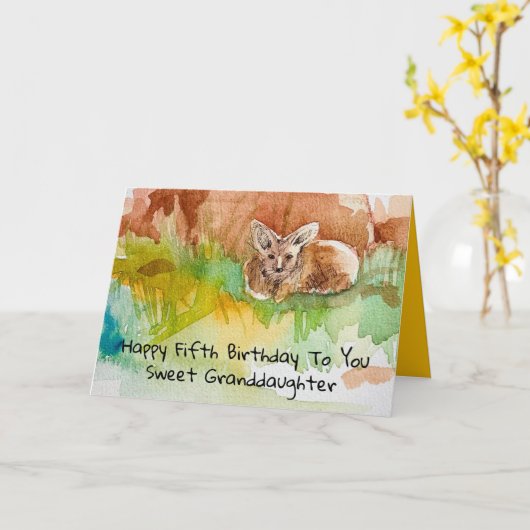 Happy Fifth Birthday Granddaughter Kit Fox カード (黄色い花)