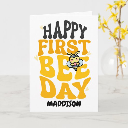 Happy First Bee Day 1st Birthday Honey Bee カード (黄色い花)