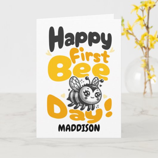 Happy First Bee Day 1st Birthday Honey Bee カード (黄色い花)
