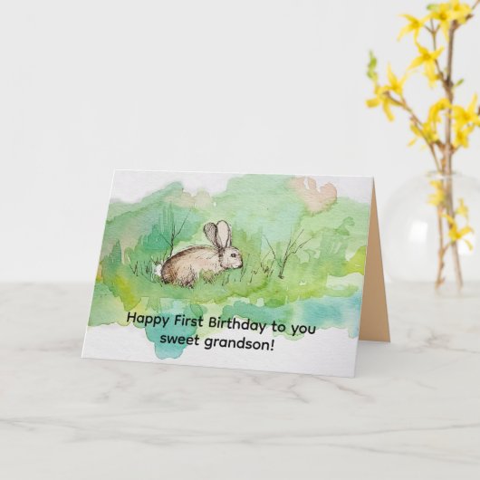 Happy First Birthday Grandson Cottontail Rabbit  カード (黄色い花)