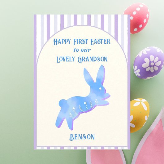Happy First Easter Grandson Watercolor Blue Bunny  シーズンカード