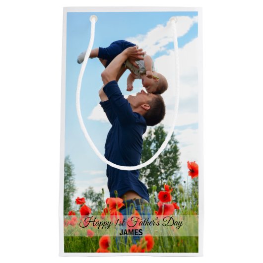 Happy First Father's Dayの写真カスタムと名前 スモールペーパーバッグ (正面)