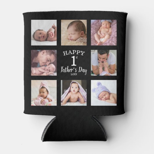 Happy First Father's Day 8 Photo Collage Black 缶クーラー (正面)