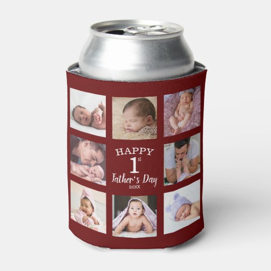 Happy First Father's Day 8 Photo Collage Maroon 缶クーラー (缶正面)