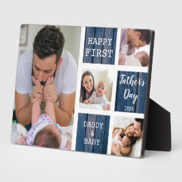 Happy First Father's Day Blue Wood 4 Photo Collage フォトプラーク