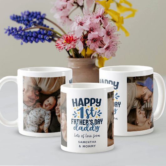 Happy First Father's Day Daddy Bold Blue & Photo コーヒーマグカップ