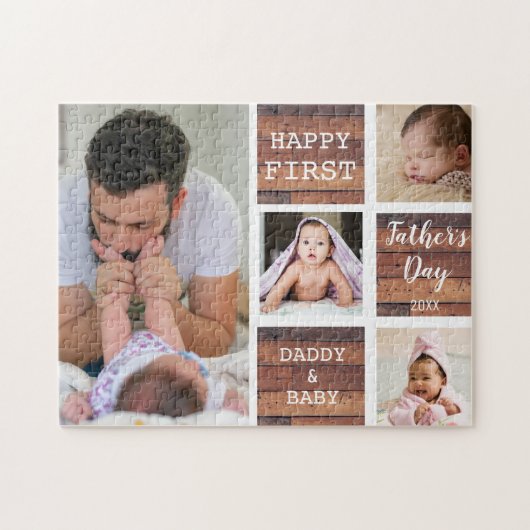 Happy First Father's Day Wood 4 Photo Collage ジグソーパズル (横)