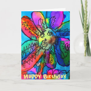 Happy Flower kid's art pink and blue birthday カード