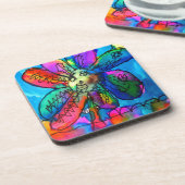 Happy Flower kid's art pink and blue pen and ink コースター (左側)