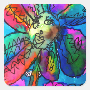 Happy Flower kid's art pink and blue pen and ink スクエアシール