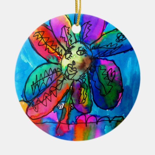 Happy Flower kid's art pink and blue pen and ink セラミックオーナメント (正面)