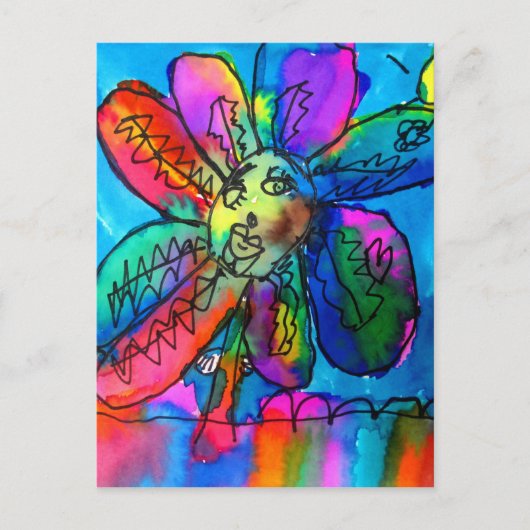 Happy Flower kid's art pink and blue pen and ink ポストカード (正面)