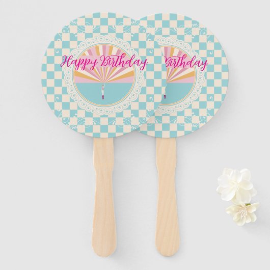 Happy Fun Blue Gingham Plaid Checkered Birthday ハンドファン (正面&裏面)