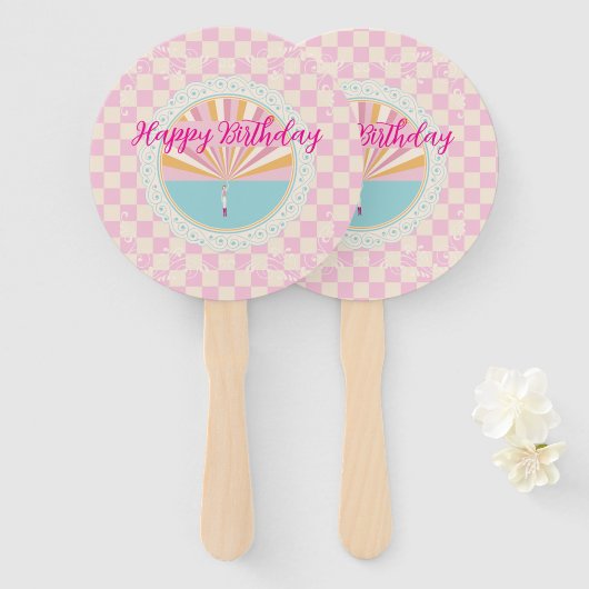 Happy Fun Pink Gingham Plaid Checkered Birthday ハンドファン (正面&裏面)