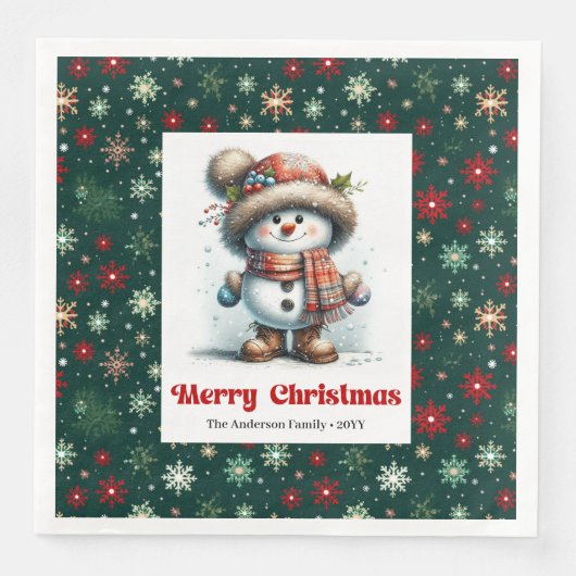Happy funny snowman with snowflakes kids napkins (正面)