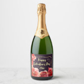 Happy Galentine's Day Moody Crimson Floral Gold   スパークリングワインラベル (正面)