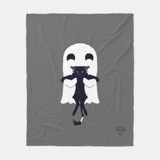Happy Ghost & Scraggly Black Cat Fleece Throw フリースブランケット (正面)