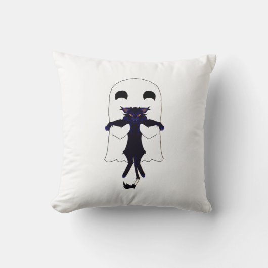 Happy Ghost & Scraggly Black Cat Throw Pillow クッション (正面)